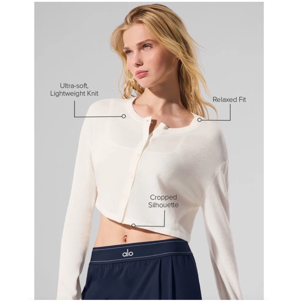 Alo Yoga Supernatural Sweater Cardigan Ivory Cream Cropped Cotton Knit L NWOT